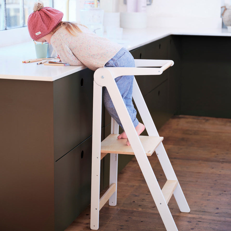 Roomix 3-in-1 toddler learning tower in natural wood with adjustable platforms for safe kitchen and playtime use